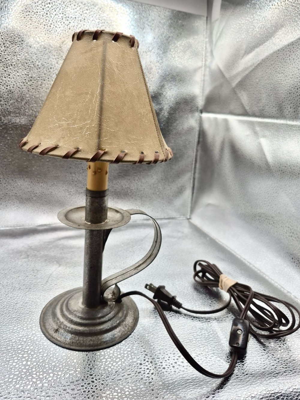 Vintage Tôle Candlestick Lamp RARE Tin Stand with Handle & Leather Lampshade